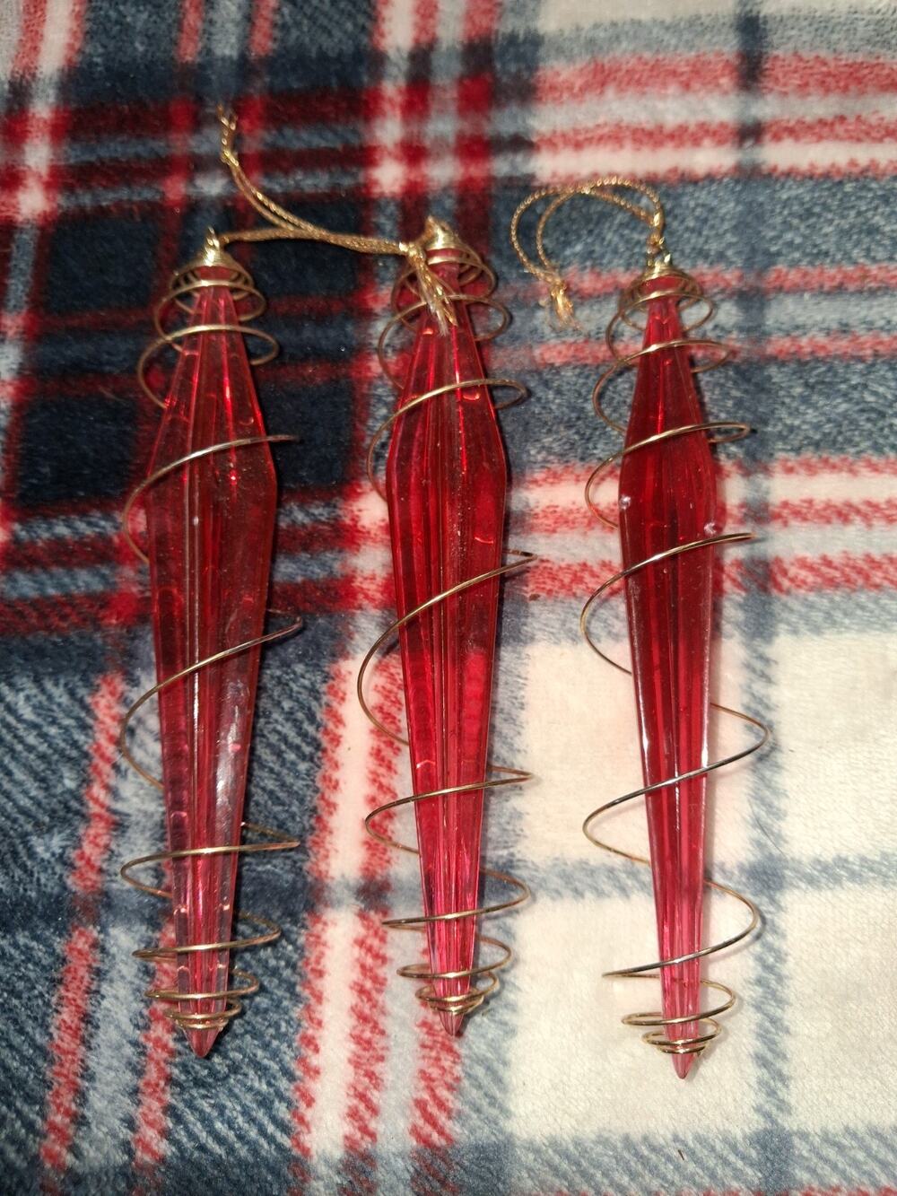 Red Icicle Ornaments Set Of 3 Gold Accents 6” Christmas Ornaments
